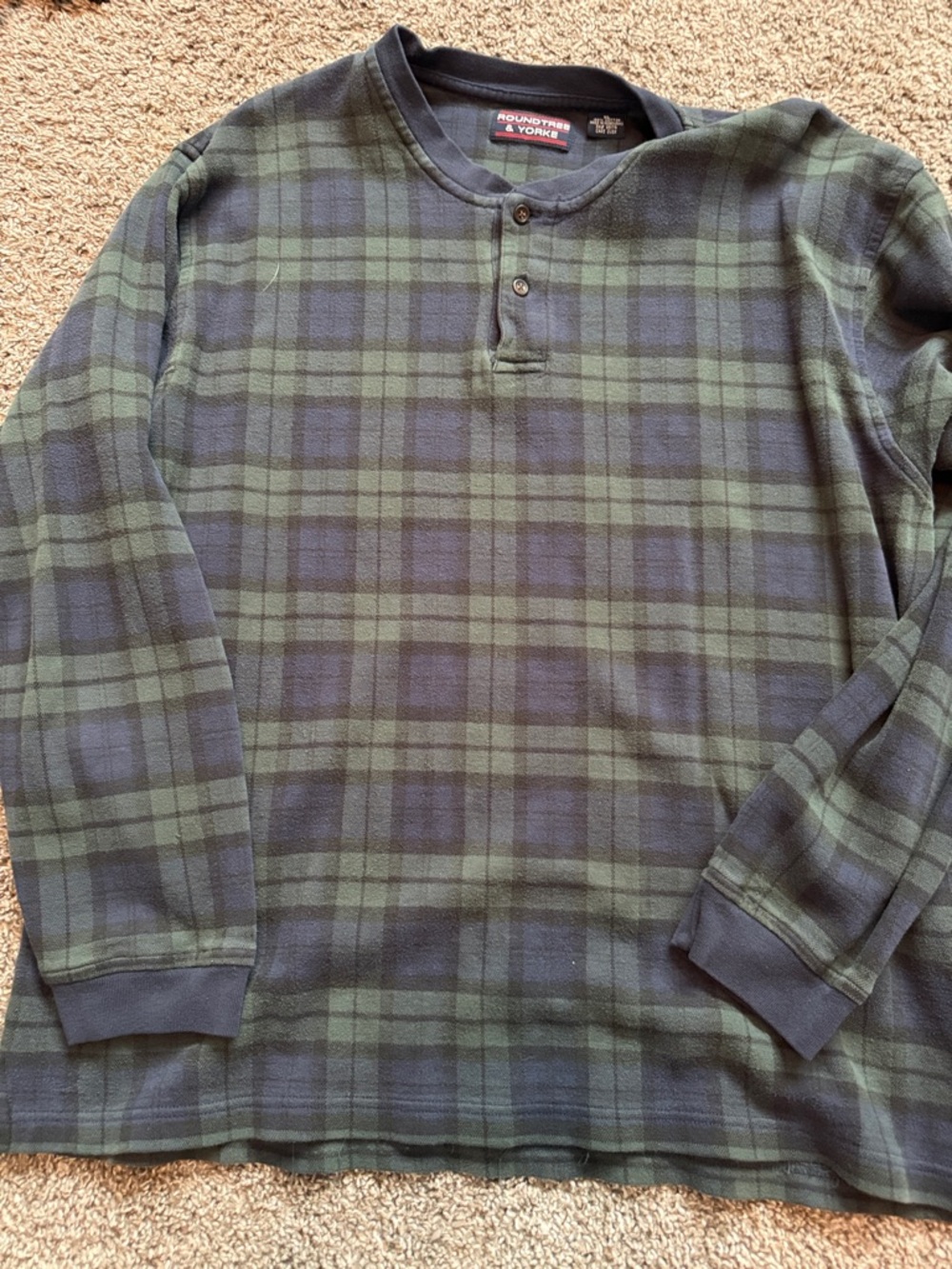 Roundtree & Yorke Navy and Green Plaid Henley Long Sleeve